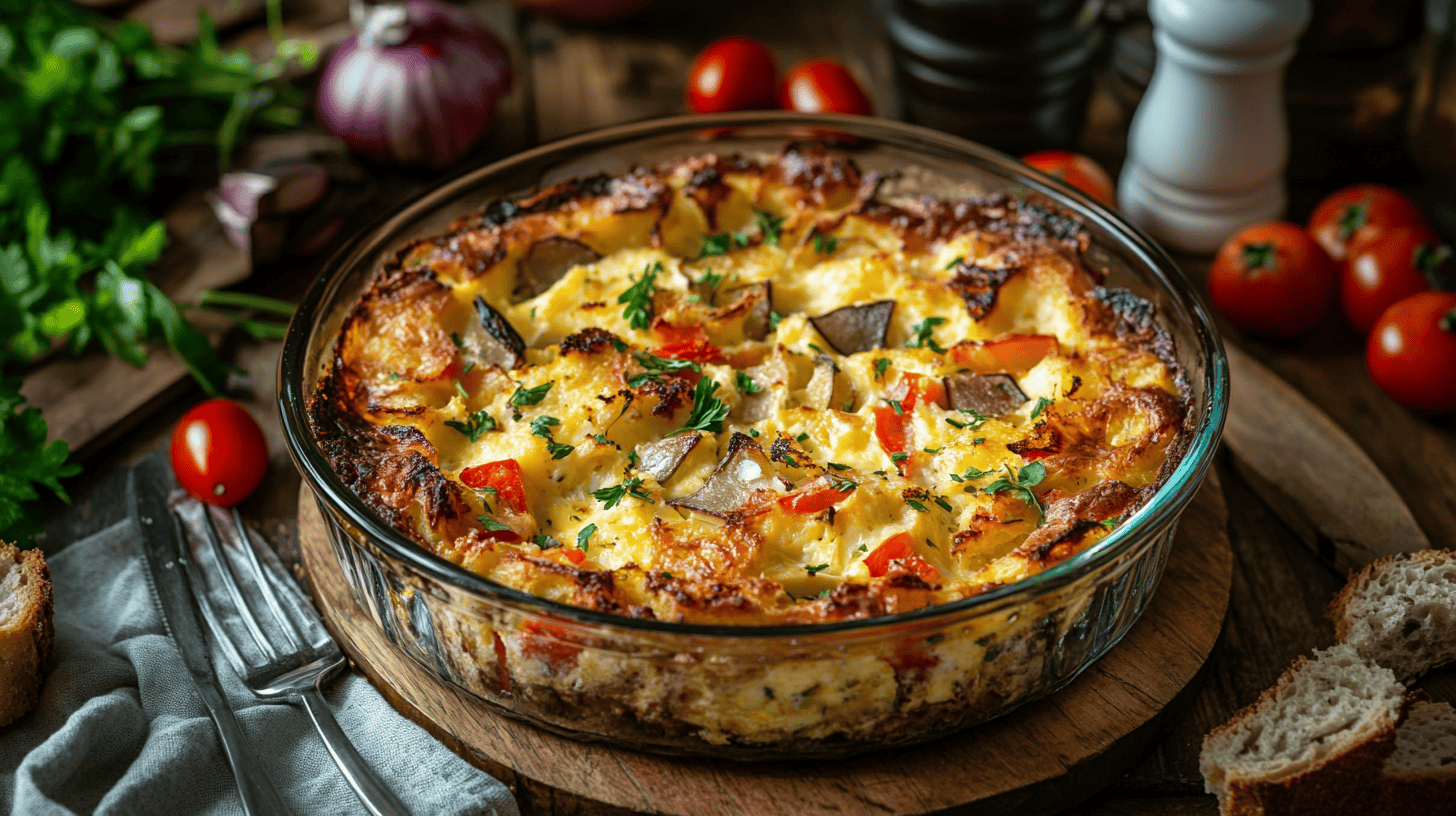 Golden-brown baked egg casserole with vegetables and herbs in a glass dish, served on a rustic breakfast table.