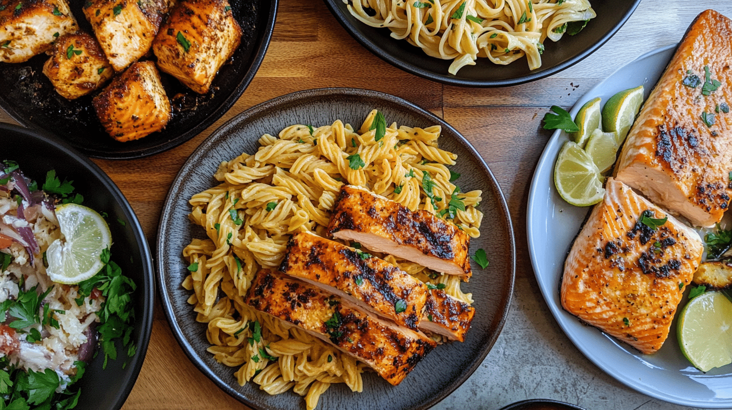 A selection of satisfying dinner options like sheet-pan chicken, spaghetti with meatballs, and grilled salmon with asparagus. (What Should I Eat Today? )