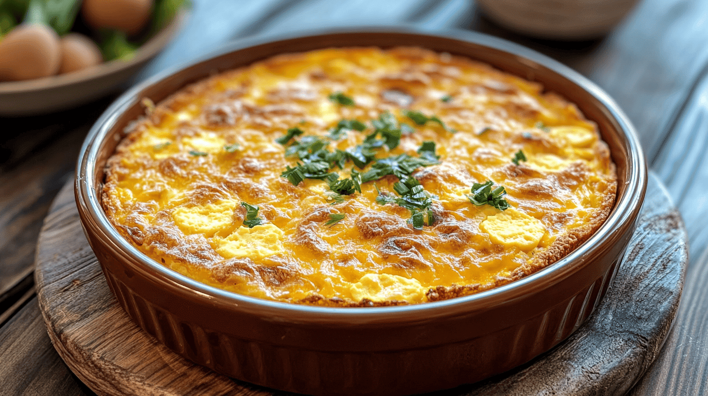 Baked egg casserole made with crackers, golden and crispy.
