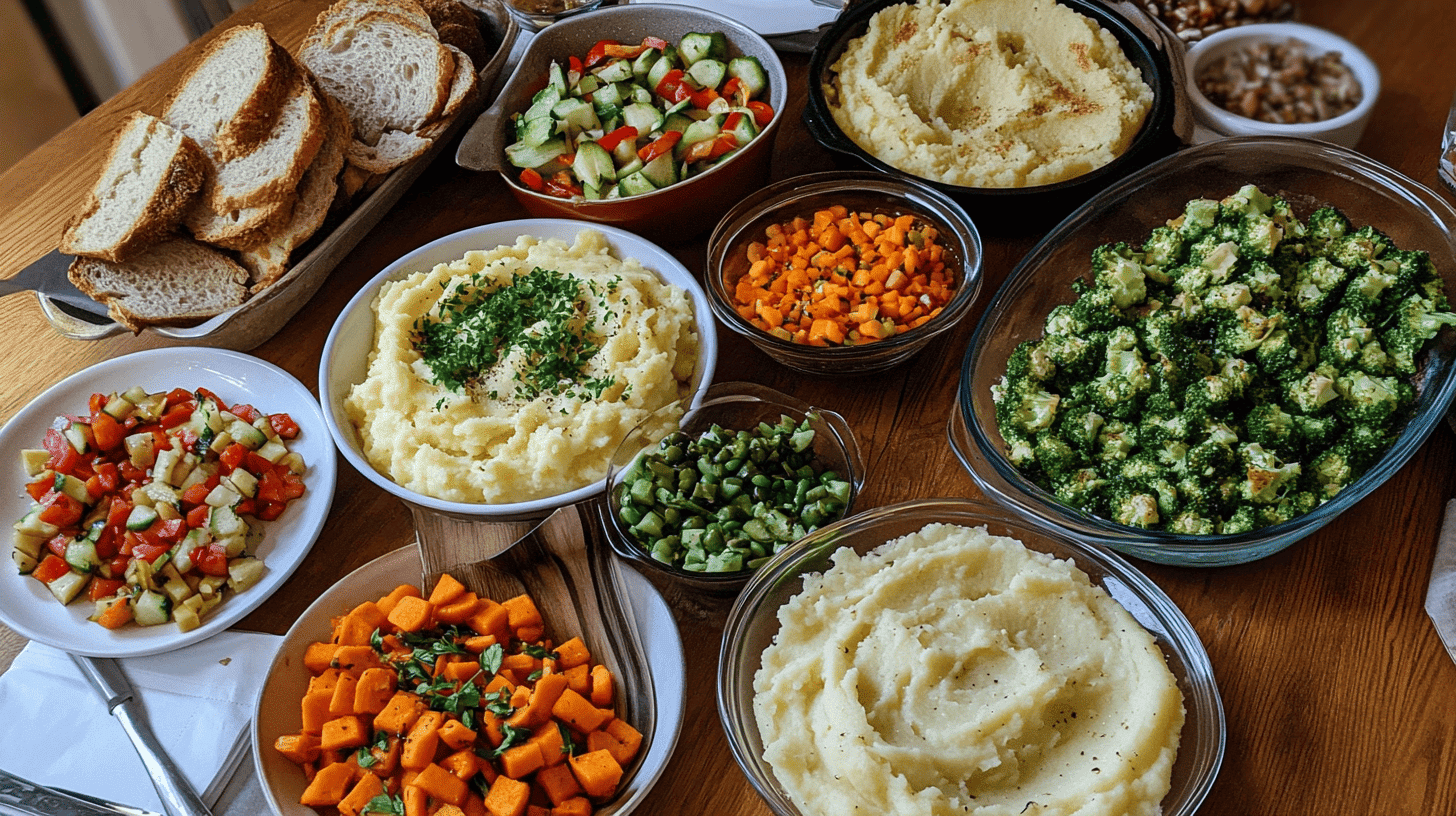 A spread of popular side dishes including mashed potatoes, vegetables, and garlic bread on a wooden table.