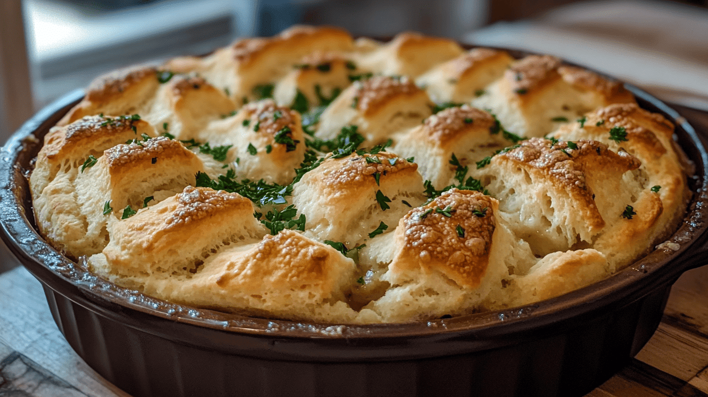 Freshly baked Cheddar Bay Biscuit Chicken Pot Pie with golden, flaky biscuits.