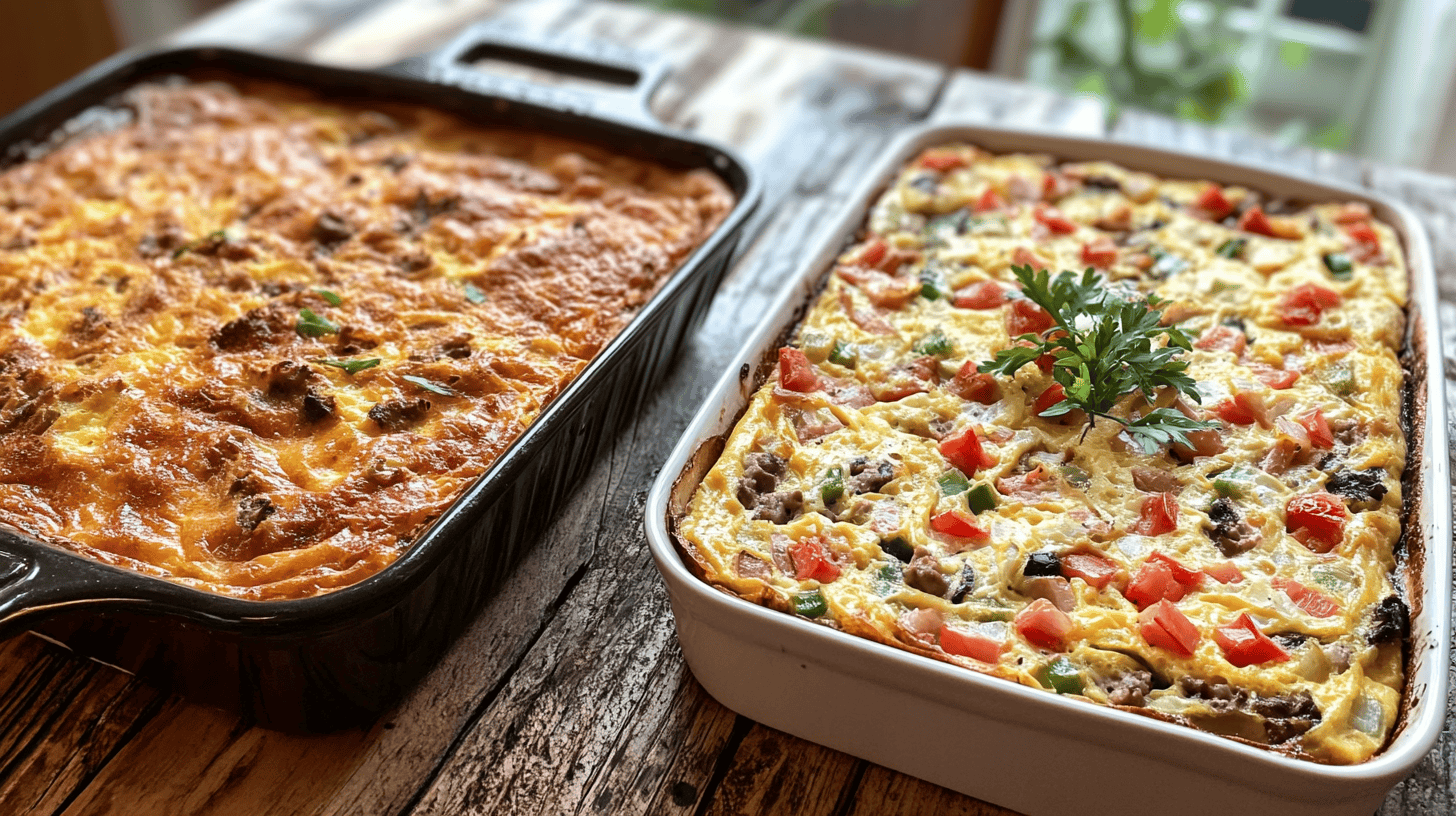 Delicious egg casserole and frittata served side by side, showcasing their textures, ingredients, and baked perfection on a rustic table.(What's the difference between frittata and egg casserole?)