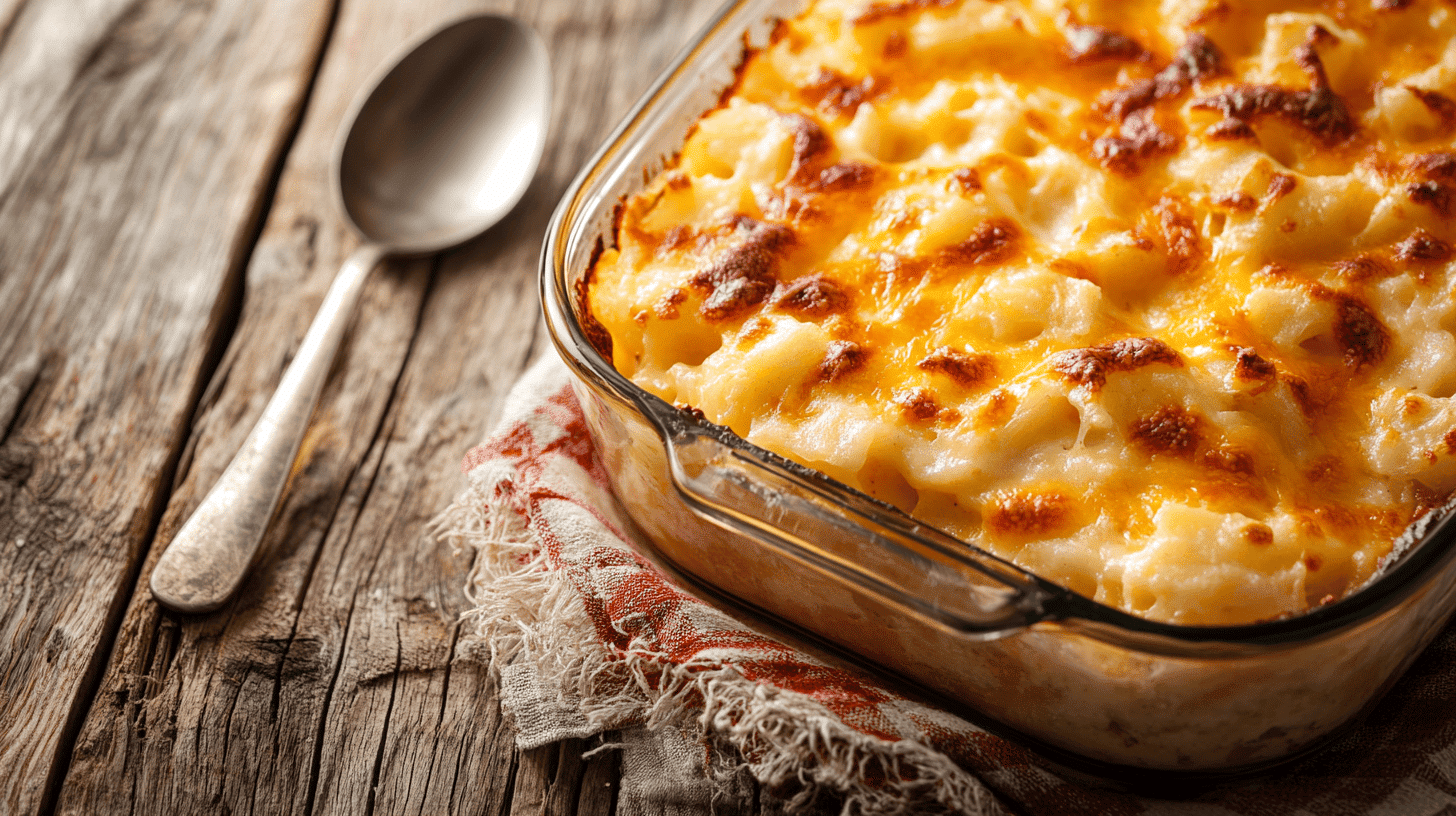 Golden-brown, crispy baked hash brown casserole in a glass dish.(Why is My Hash Brown Casserole Mushy)