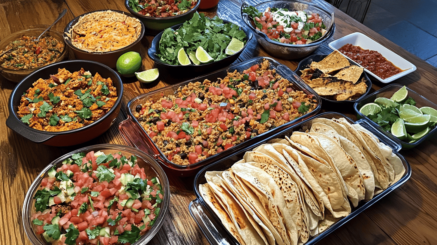 A spread of leftover tacos transformed into taco salad, quesadillas, and a casserole with vibrant garnishes on a wooden table.(How Do You Eat Leftover Tacos?)