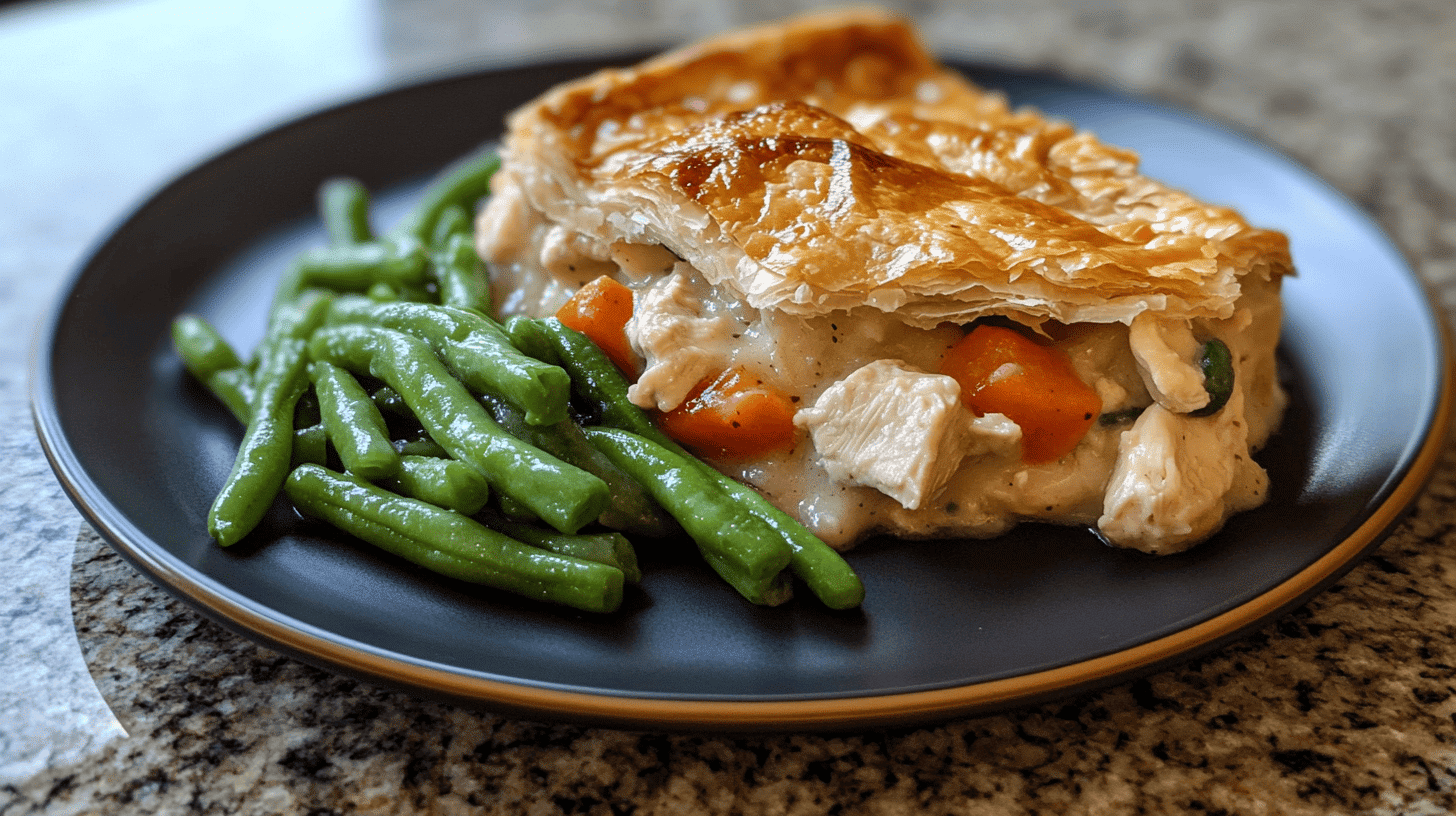 Creamy Chicken Pot Pie with green beans on a serving plate.