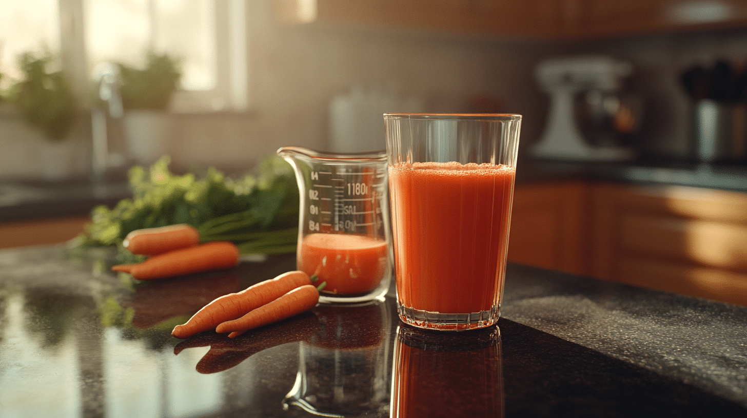 A glass of fresh carrot juice on a wooden table with whole carrots beside it.