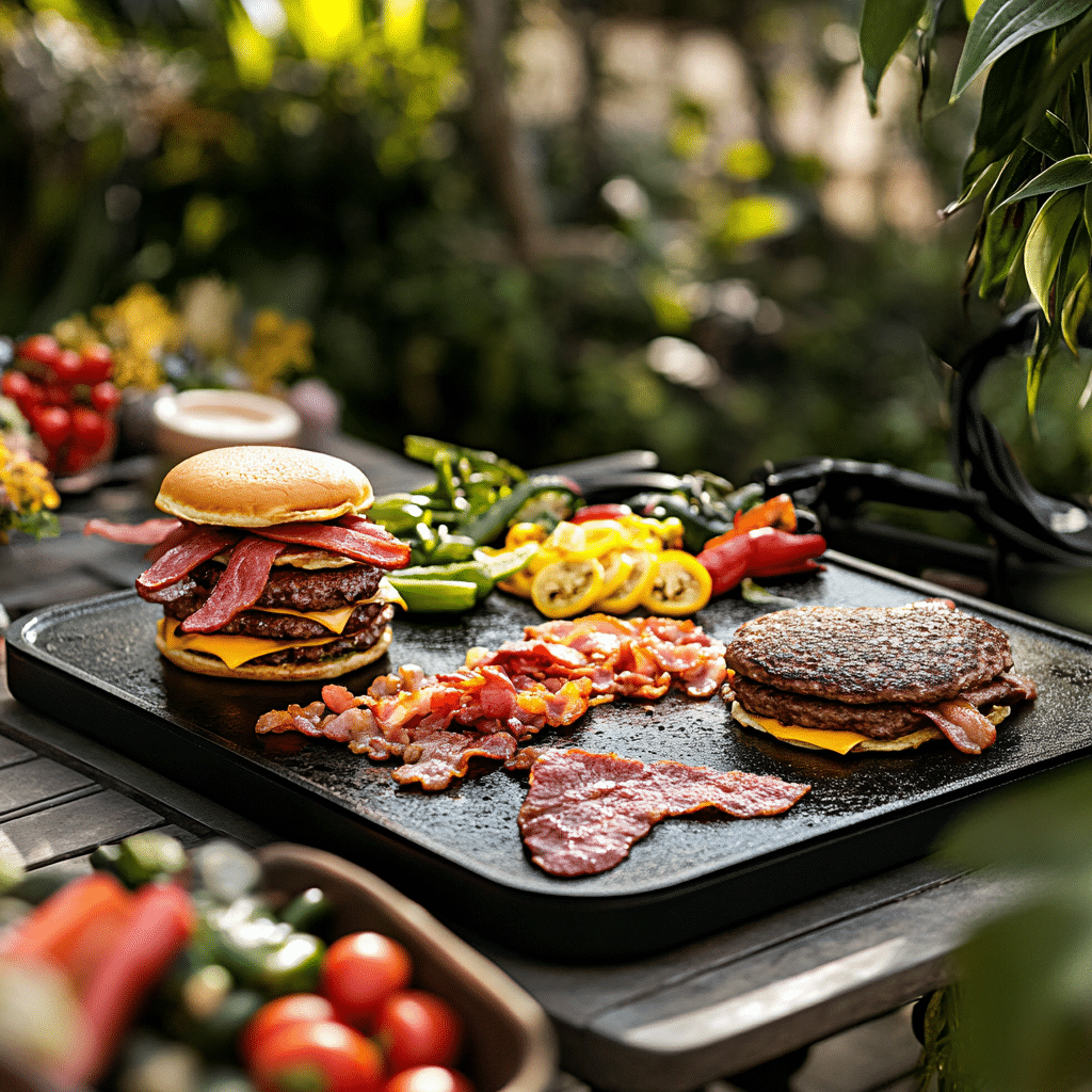 Outdoor cooking on a Blackstone griddle with various foods being prepared.