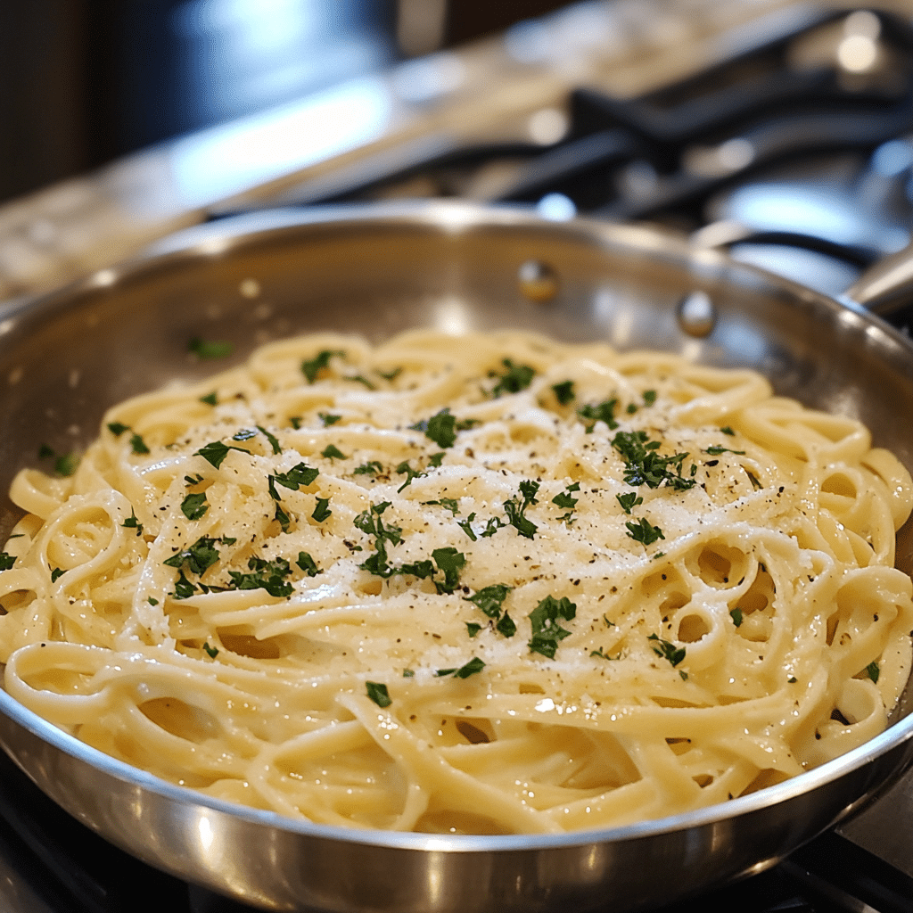 Freshly cooked fettuccine Alfredo in a stainless steel pan, garnished with parsley and Parmesan cheese.(.Sourdough Recipes Beyond Bread)