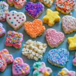 "Colorful heart and star-shaped Rice Krispie treats decorated with sprinkles and frosting on a blue background."