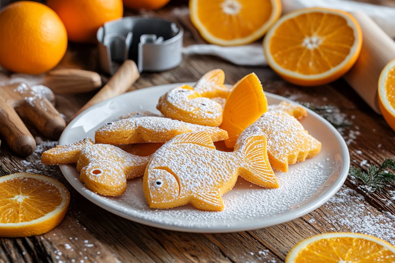 Orange fish-shaped cookies on a white plate with fresh orange slices and zest, set on a rustic wooden kitchen counter.