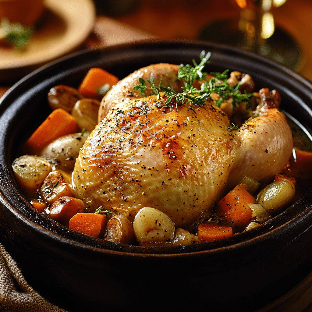 (Frozen Chicken in a Slow Cooker) A thawed chicken with vegetables being placed into a modern slow cooker, with hot broth being poured over the chicken and a digital meat thermometer nearby displaying 165°F (74°C), set in a warm, well-lit kitchen.