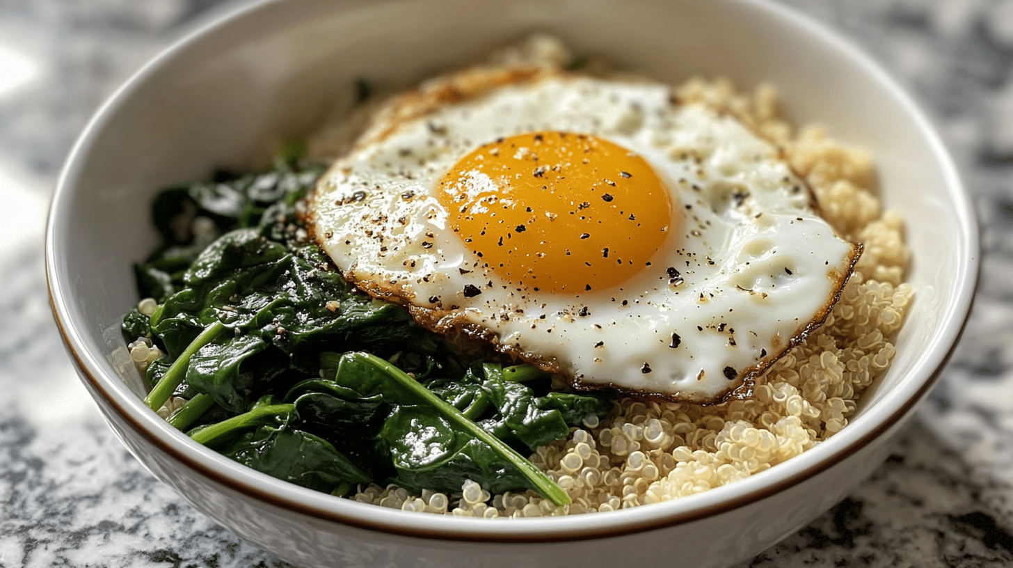 Quinoa bowl with a fried egg and sautéed spinach. (Good Additions to Quinoa)