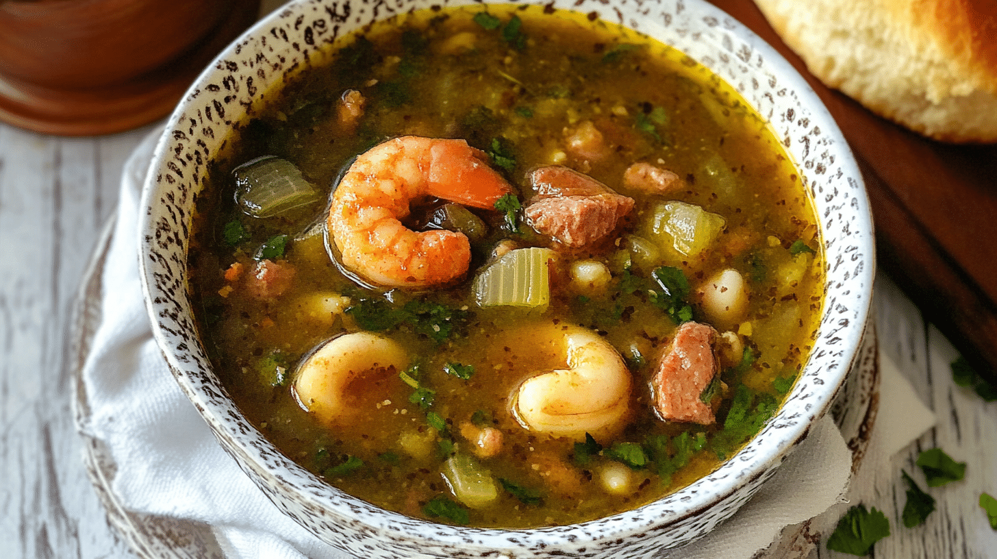 A steaming bowl of Swamp Soup with greens, sausage, and a rich broth.(Swamp Soup Recipe)