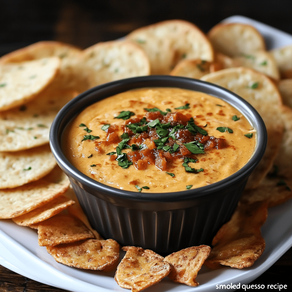 Smoked queso recipe served with tortilla chips and veggies.