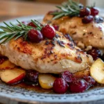 Apple cranberry raspberry chicken with caramelized fruits and rosemary garnish.