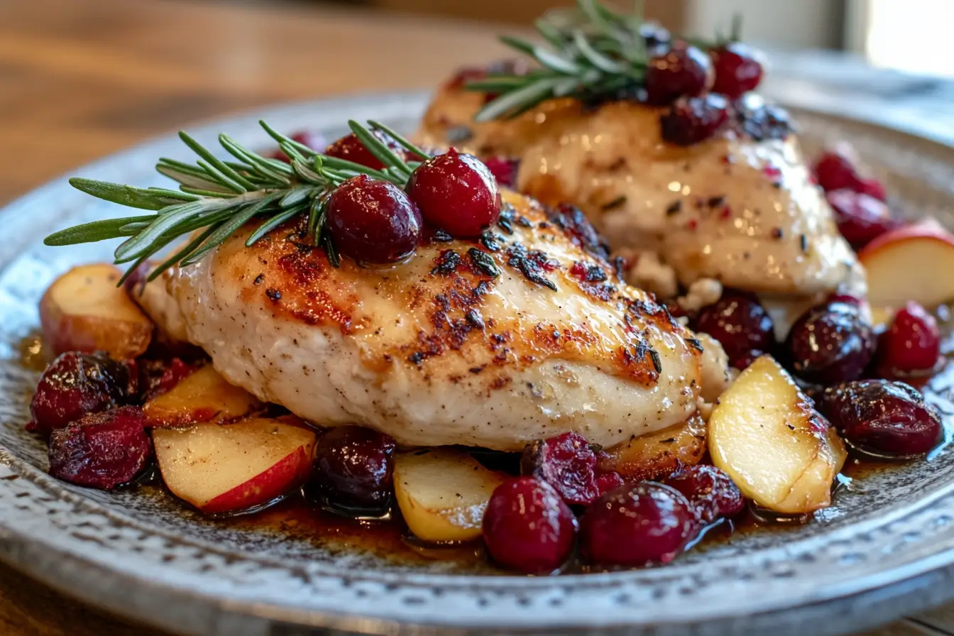 Apple cranberry raspberry chicken with caramelized fruits and rosemary garnish.
