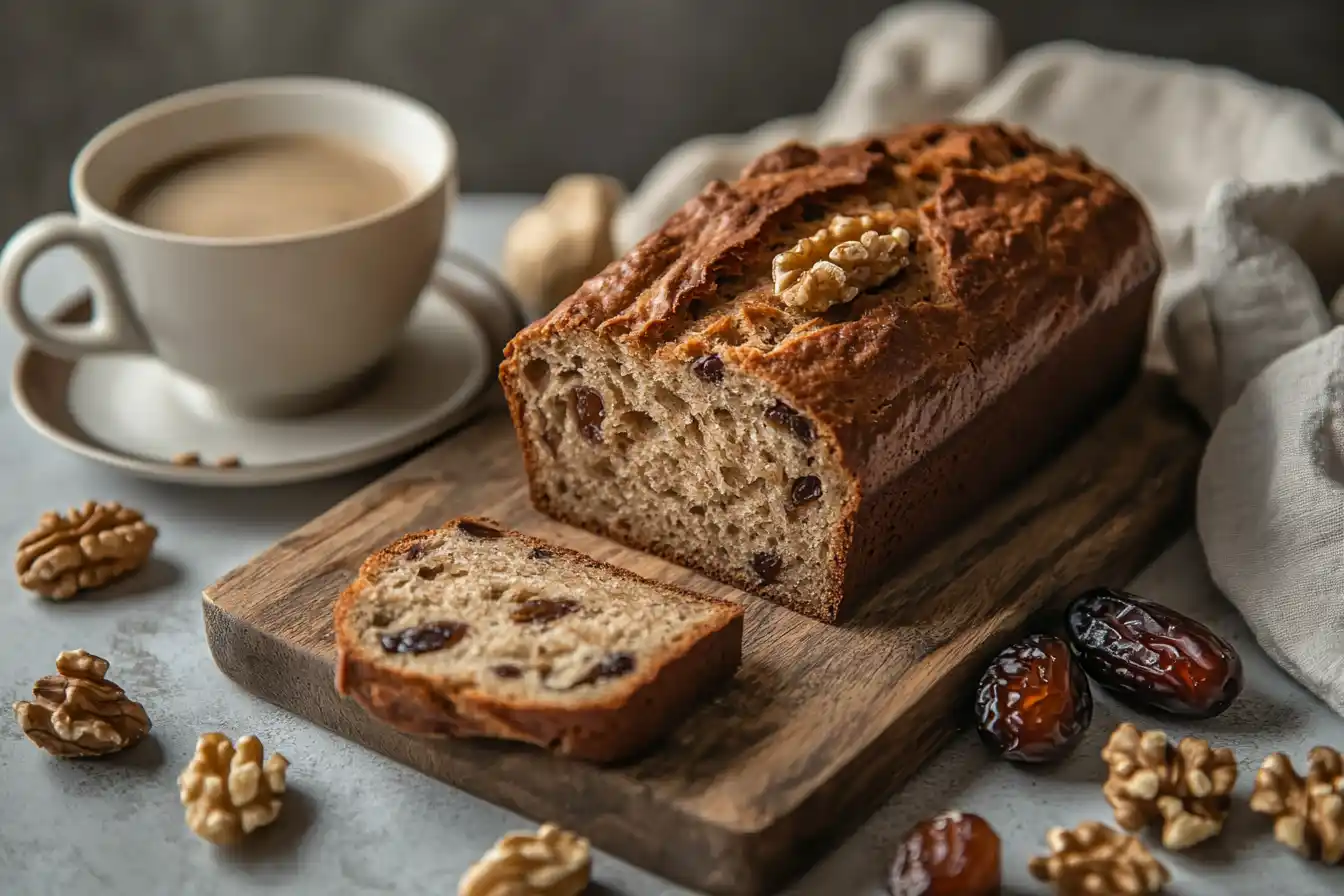 Best date nut bread recipe with a sliced loaf on a rustic board, featuring fresh dates and walnuts.