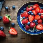 Cottage cheese bowl with fresh fruit toppings.