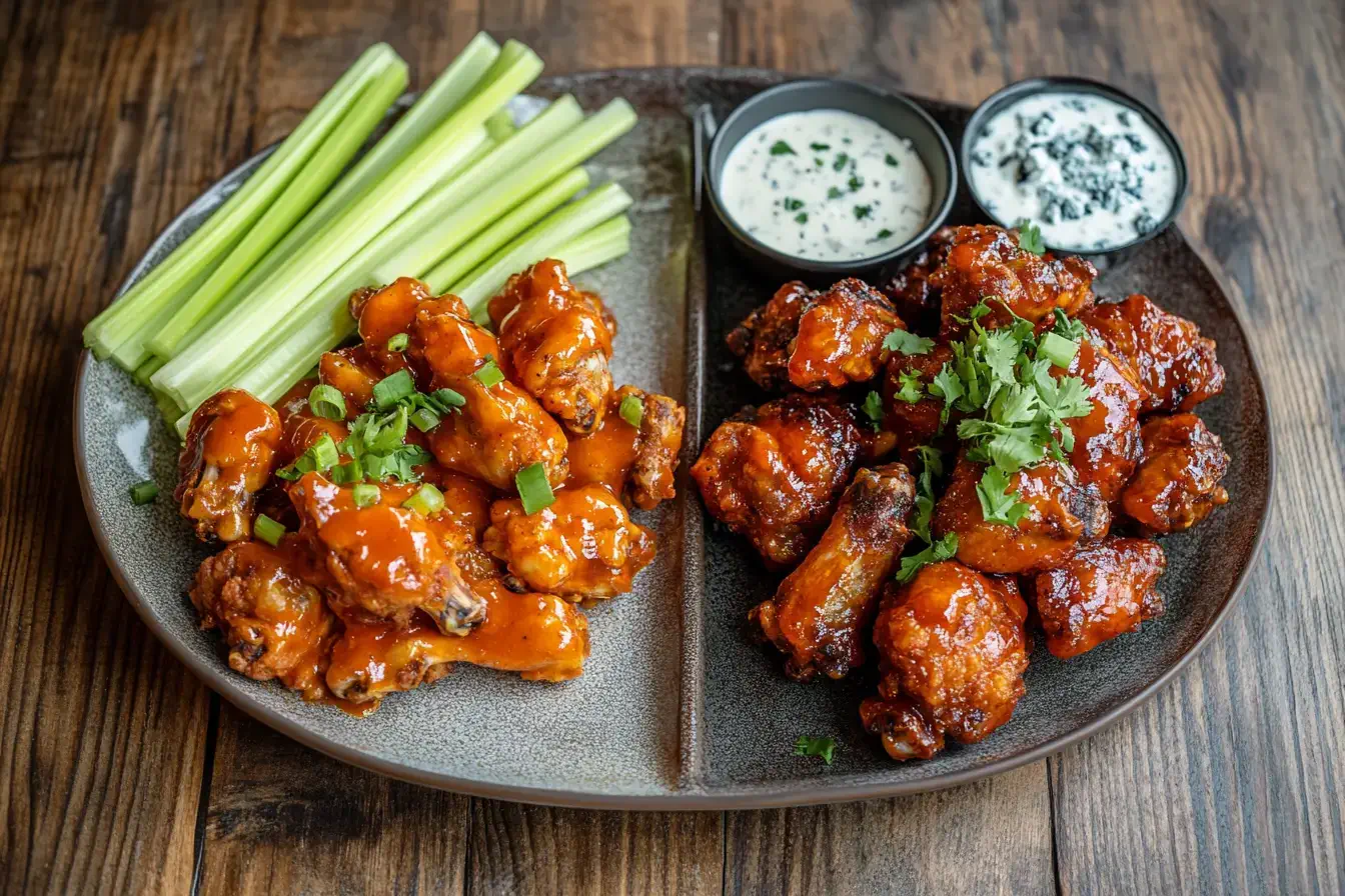 Buffalo wings and chicken wings side by side with dipping sauces