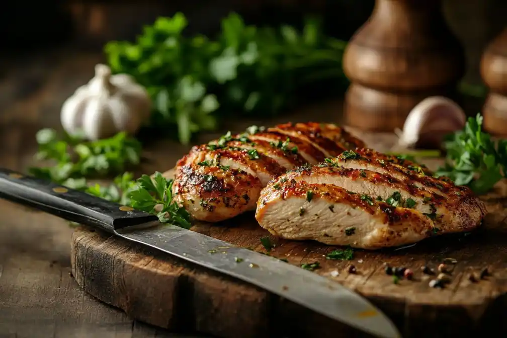 A side-by-side comparison of a chicken breast and a chicken cutlet on a wooden cutting board, highlighting their size and thickness differences with fresh herbs and garlic nearby.