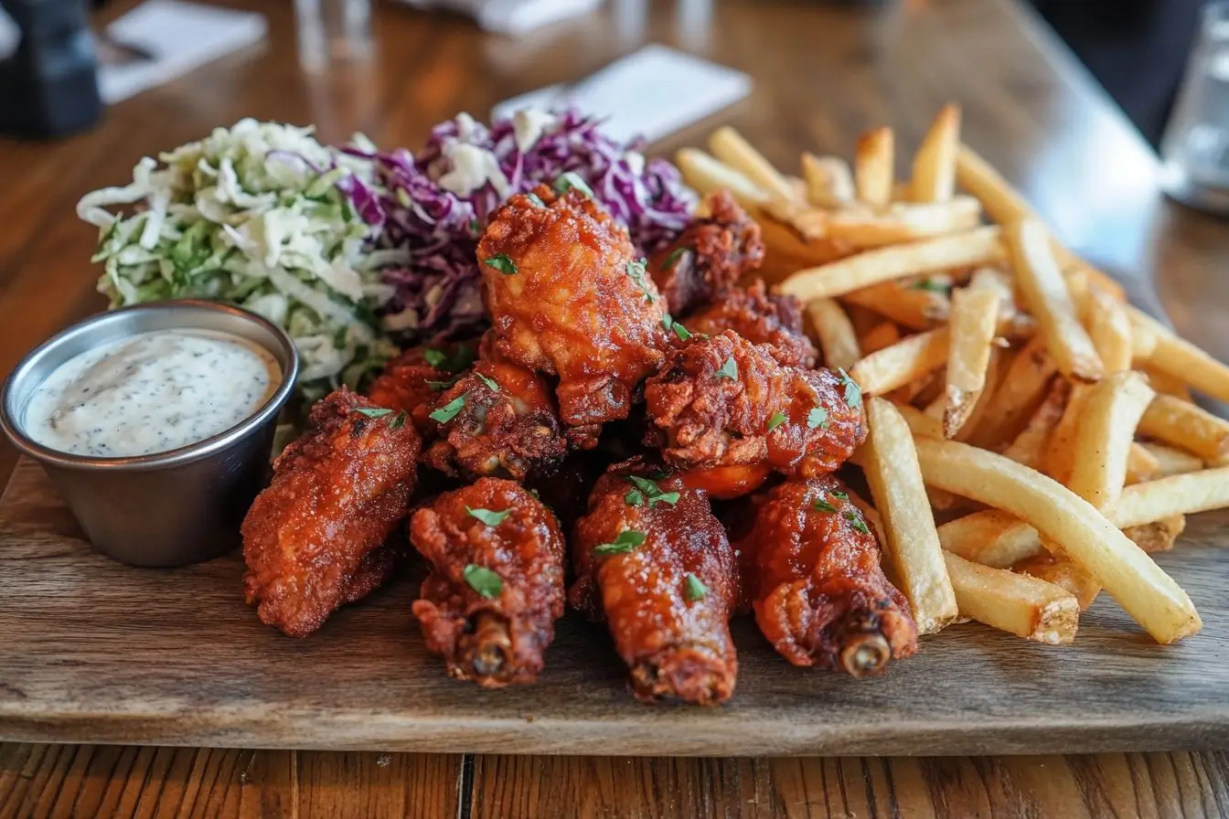 What side dishes go well with wings - chicken wings with fries and coleslaw.