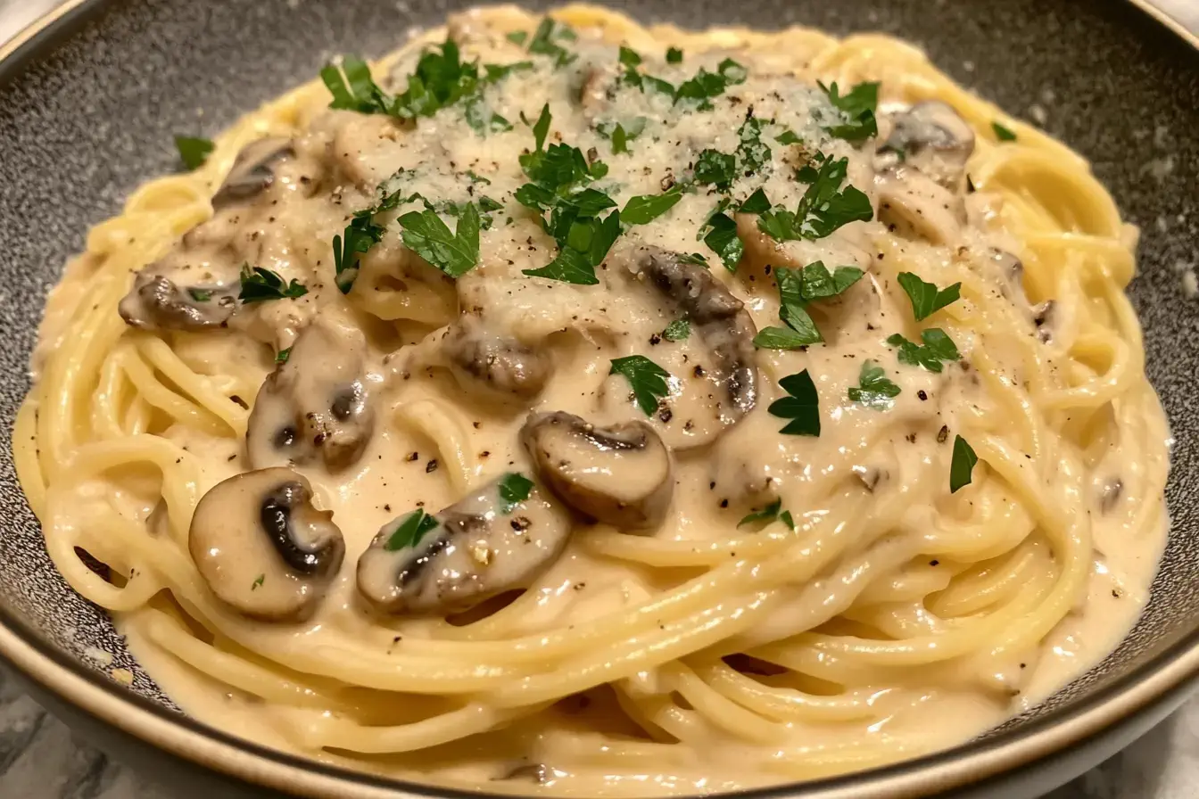 Creamy ditali pasta garnished with parsley and Parmesan cheese