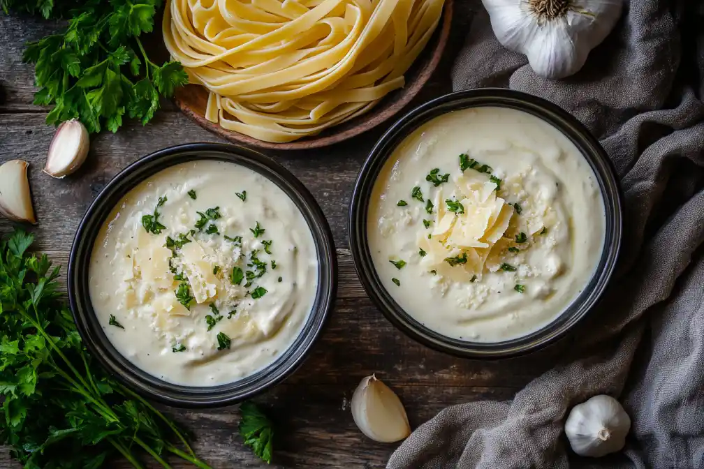 A bowl of creamy Alfredo sauce and cream sauce with pasta in the background.