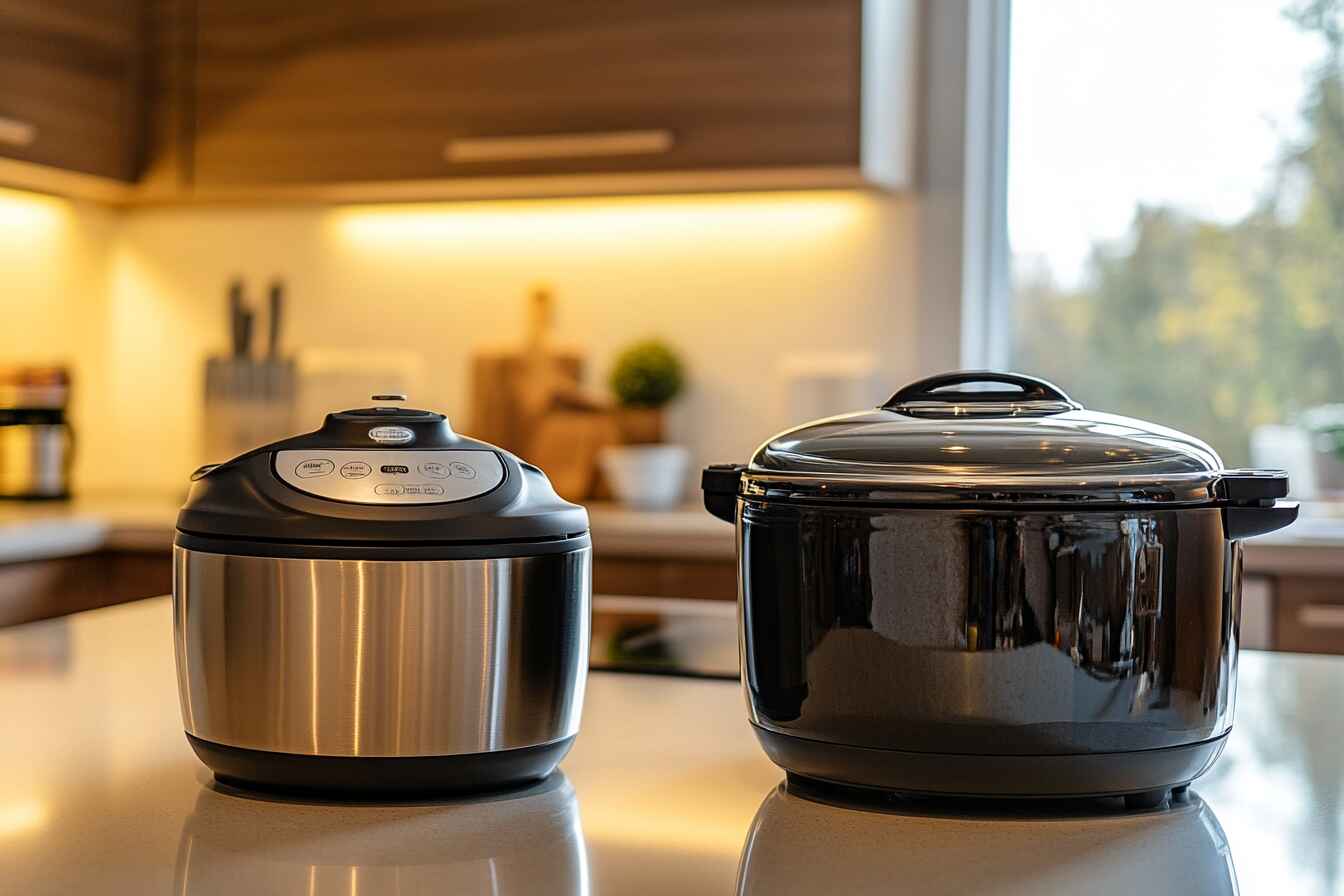 A Crockpot and a slow cooker side by side on a kitchen counter.