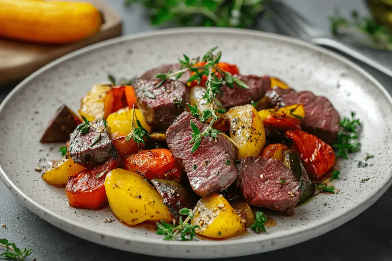 Plated beef heart with roasted vegetables and herbs.