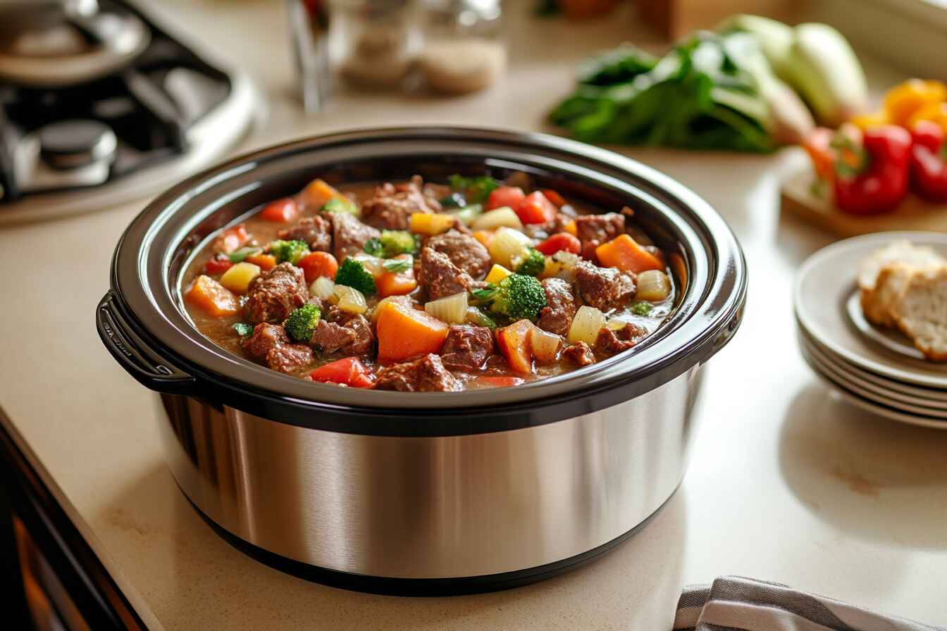 Hearty stew showcasing what kind of dishes would be best cooked in a Crockpot, with tender meat and vibrant vegetables.