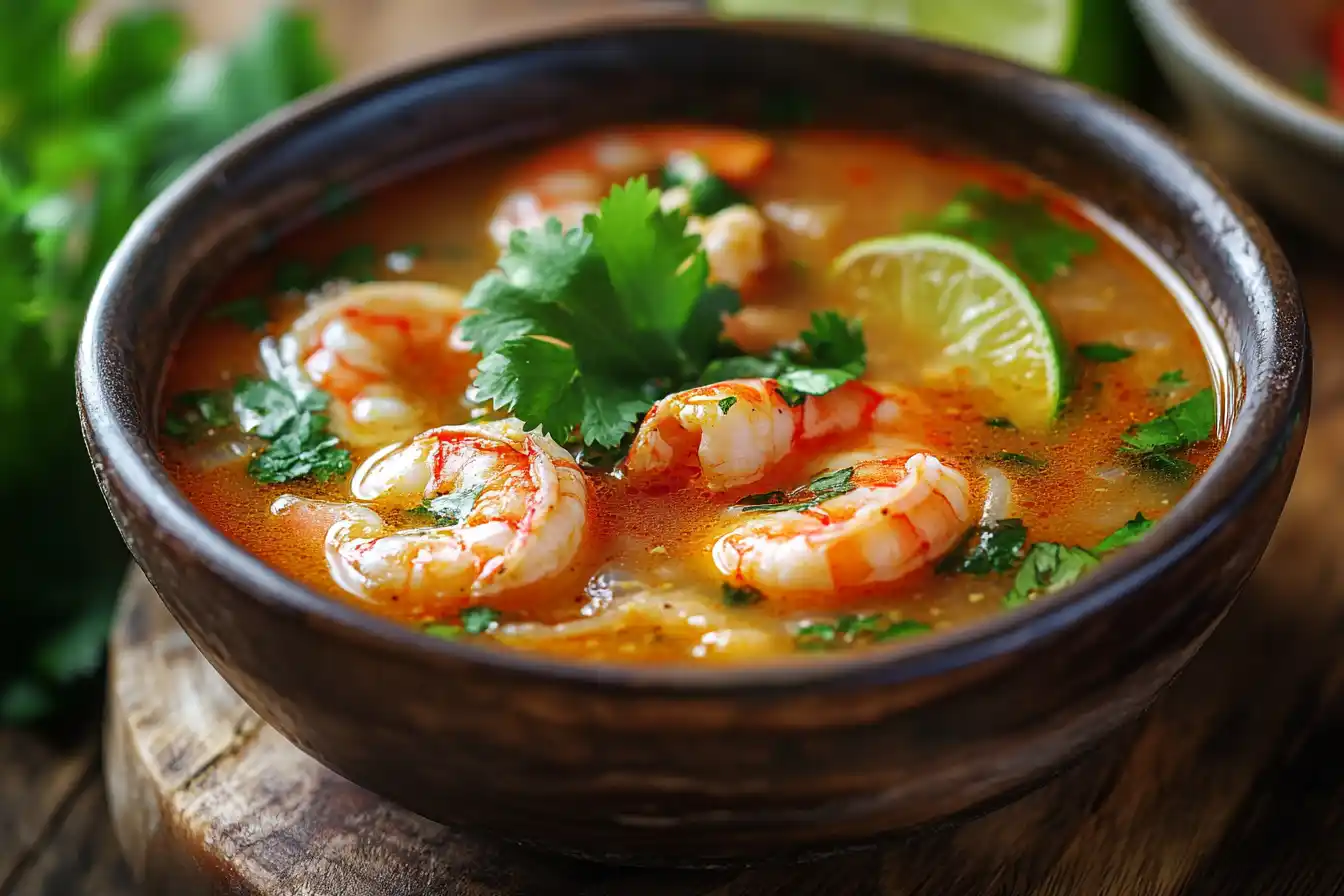 A steaming bowl of shrimp soup with fresh herbs, vegetables, and a zesty broth, served in a rustic bowl on a wooden table.