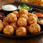 A serving platter of Rotel Cream Cheese Sausage Balls with dipping sauces like ranch, spicy sriracha mayo, and honey mustard in small bowls.
