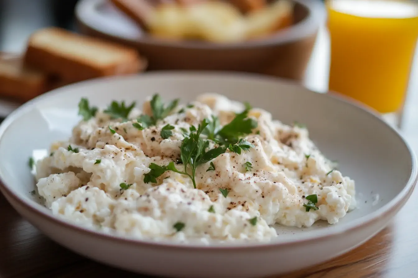 A plate of fluffy scrambled eggs mixed with cottage cheese, garnished with fresh herbs.