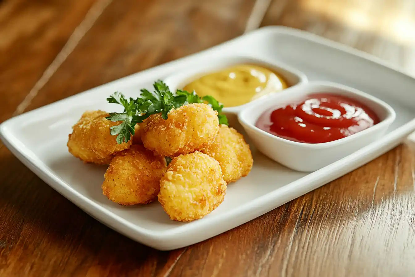 A plate of golden ground chicken nuggets with dipping sauces, garnished with fresh parsley.