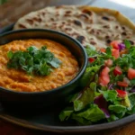 A serving of baingan bharta paired with whole-grain roti and a salad for a balanced weight loss meal.