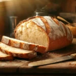 Freshly baked homemade sandwich bread, golden brown, sliced, and placed on a wooden cutting board with a bread knife beside it.