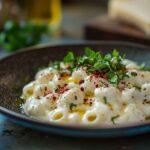 A creamy Alfredo pasta dish garnished with fresh herbs and chili flakes, showcasing ways to spice up Alfredo sauce.