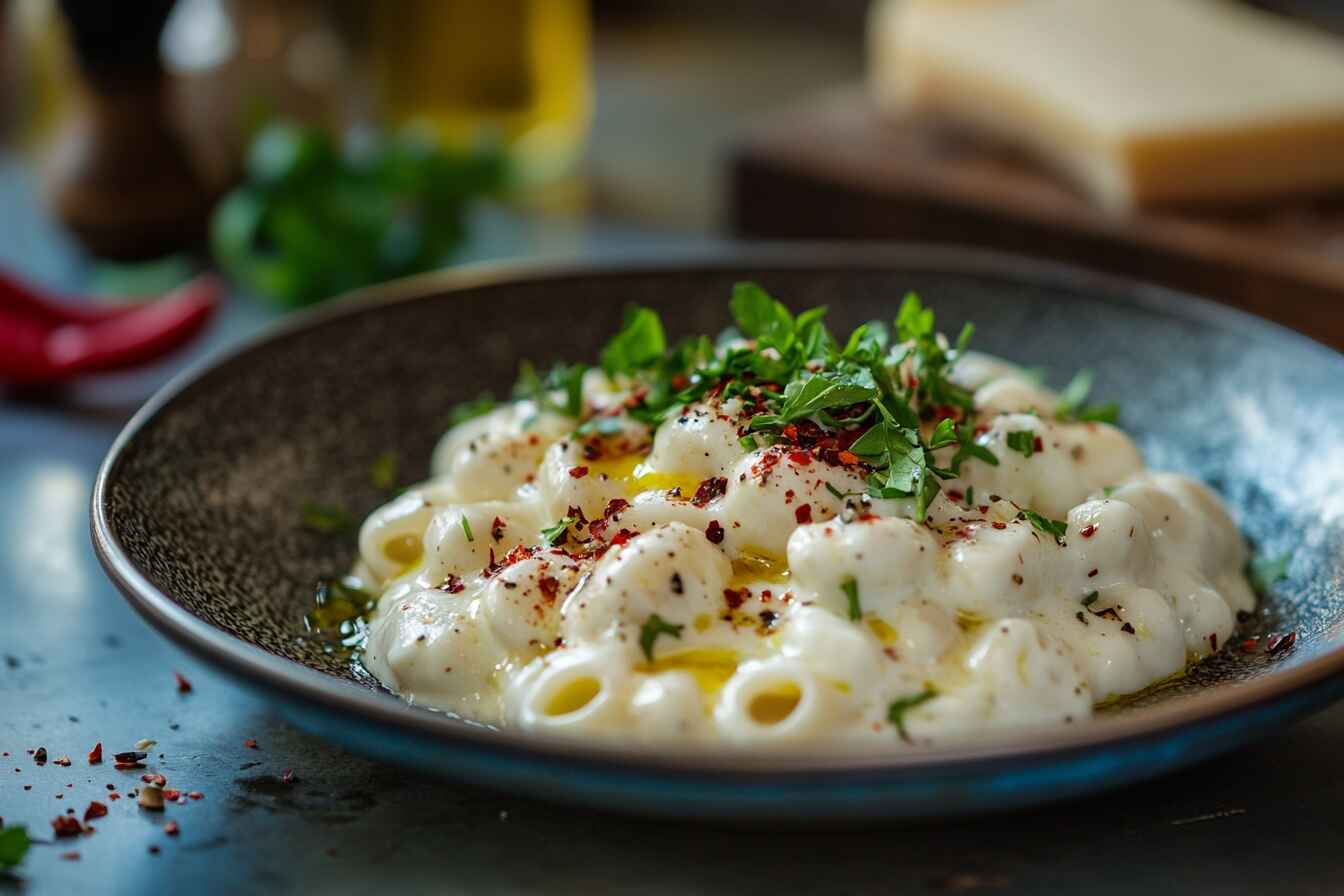 A creamy Alfredo pasta dish garnished with fresh herbs and chili flakes, showcasing ways to spice up Alfredo sauce.