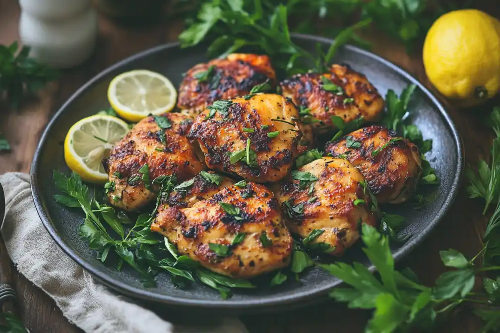 Juicy and golden chicken cutlets served on a plate with fresh herbs and lemon slices.