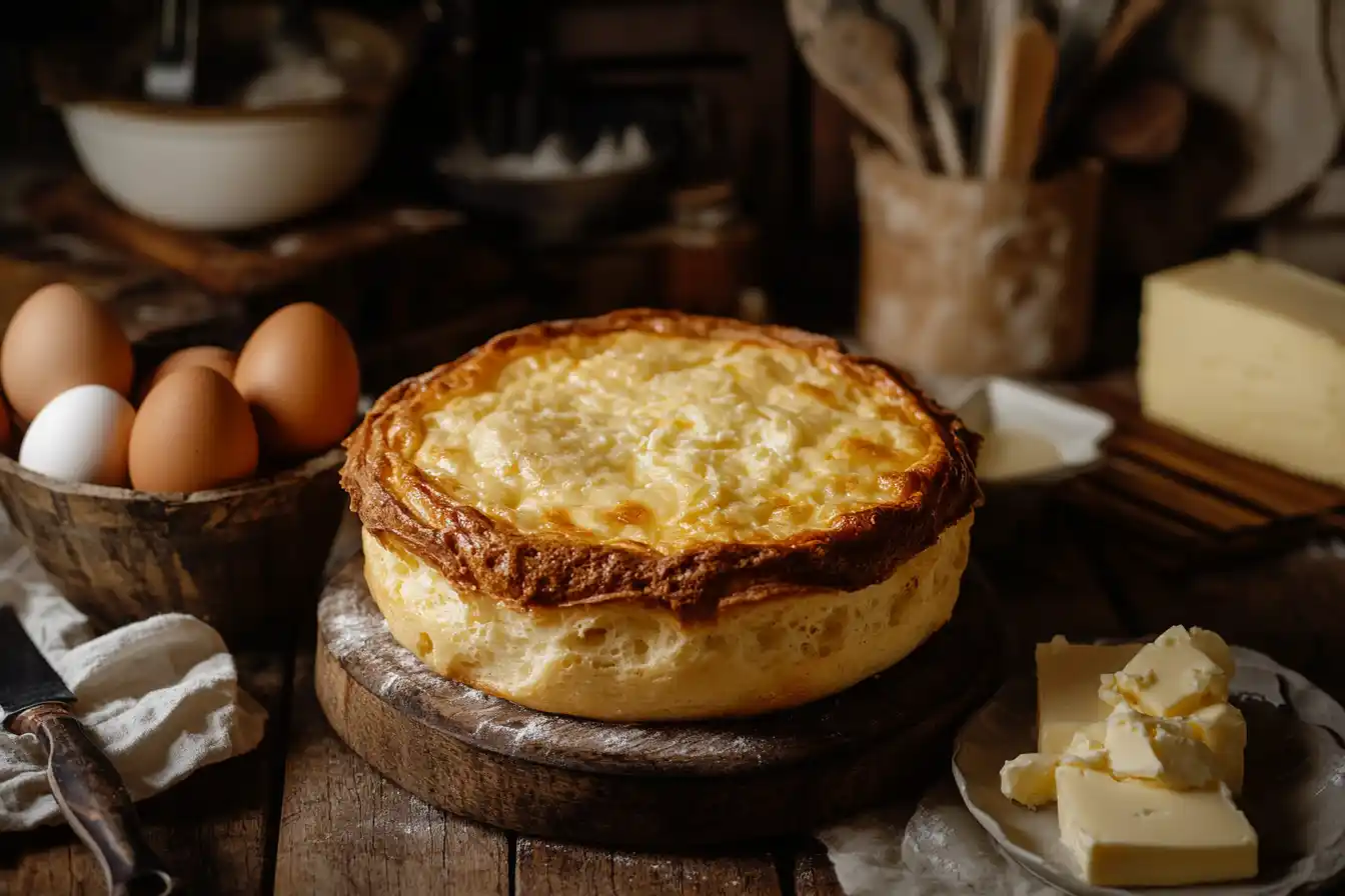 A golden, perfectly risen cheese soufflé in a rustic kitchen setting. (What is the Hardest Egg Recipe?)