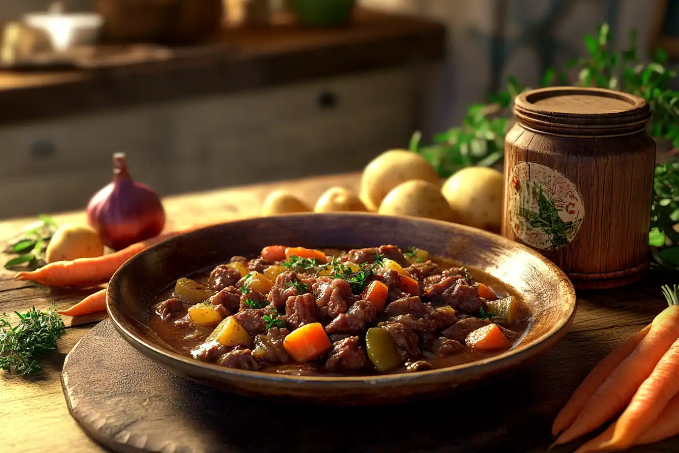 A hearty plate of canned deer meat recipes stew in a rustic kitchen setting, surrounded by fresh vegetables and herbs, showcasing a comforting homemade meal.