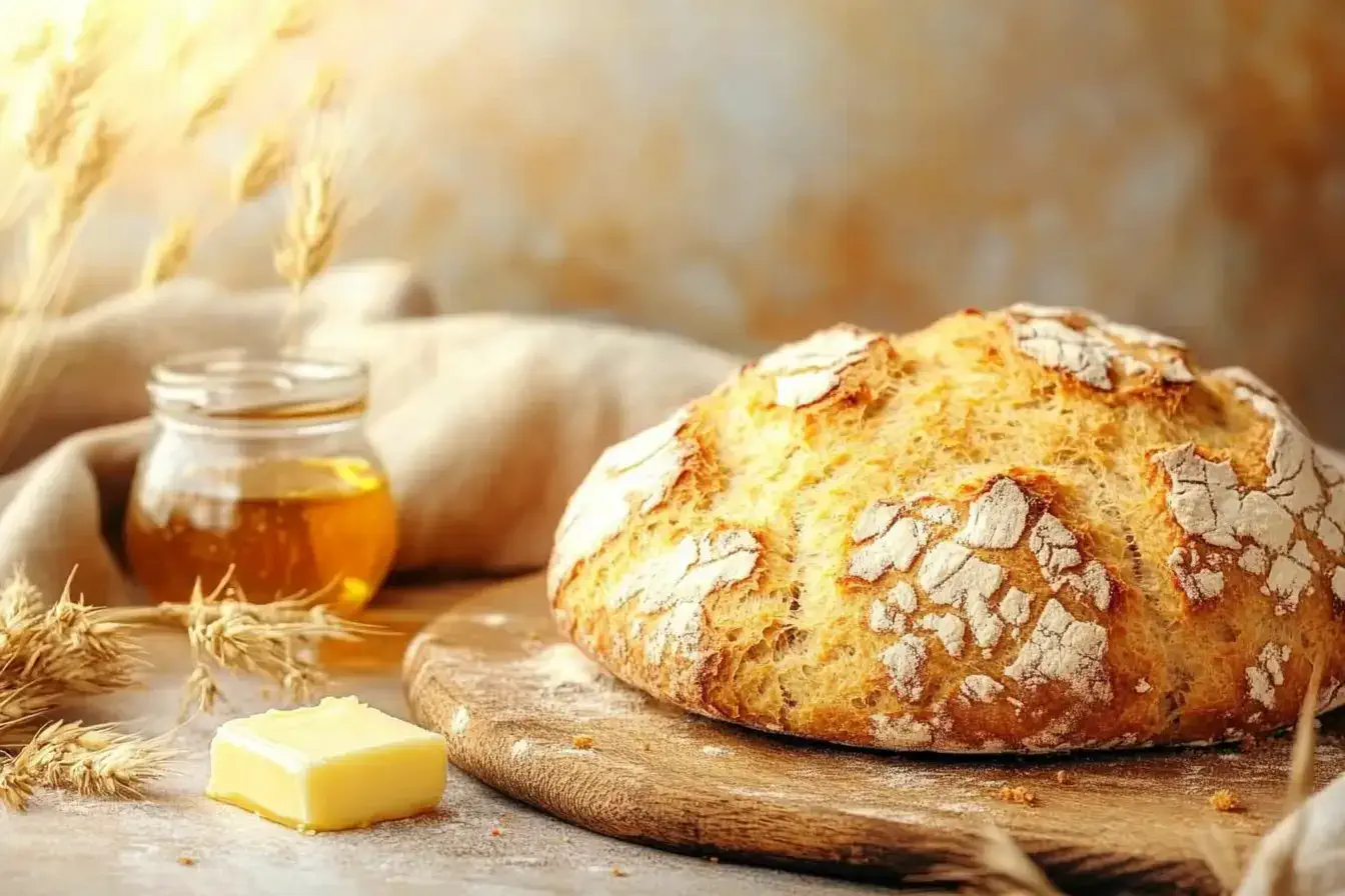 Rustic Golden Einkorn Bread recipe On A Wooden Board With Butter And Honey.