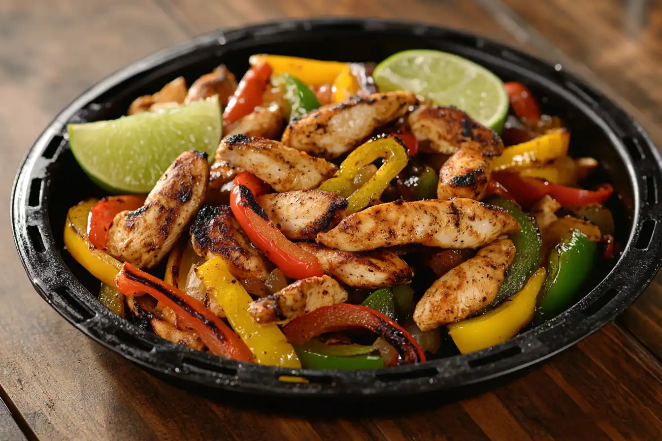 Sizzling Air Fryer Chicken Fajitas with colorful bell peppers, onions, and tortillas on a rustic plate
