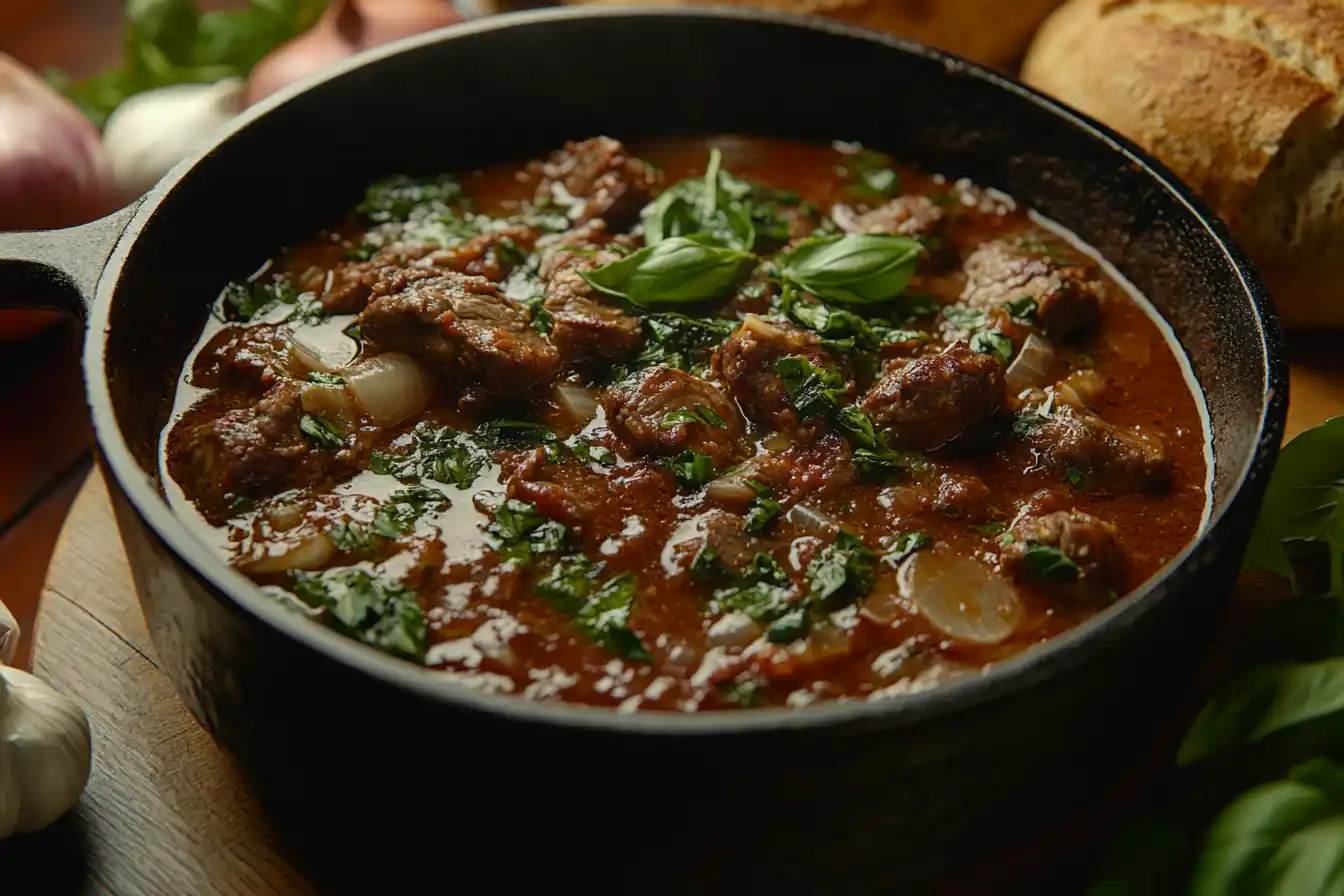 A steaming pot of tender braise meat in tomato sauce recipe garnished with fresh basil.