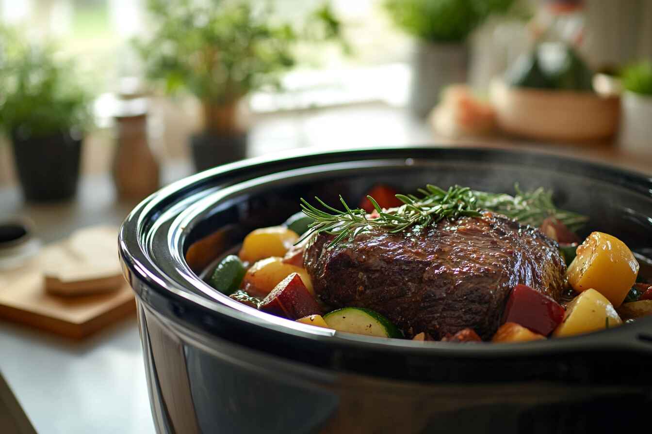 One of the best meats for Crockpot meals, a chuck roast slow-cooked with vegetables and herbs.
