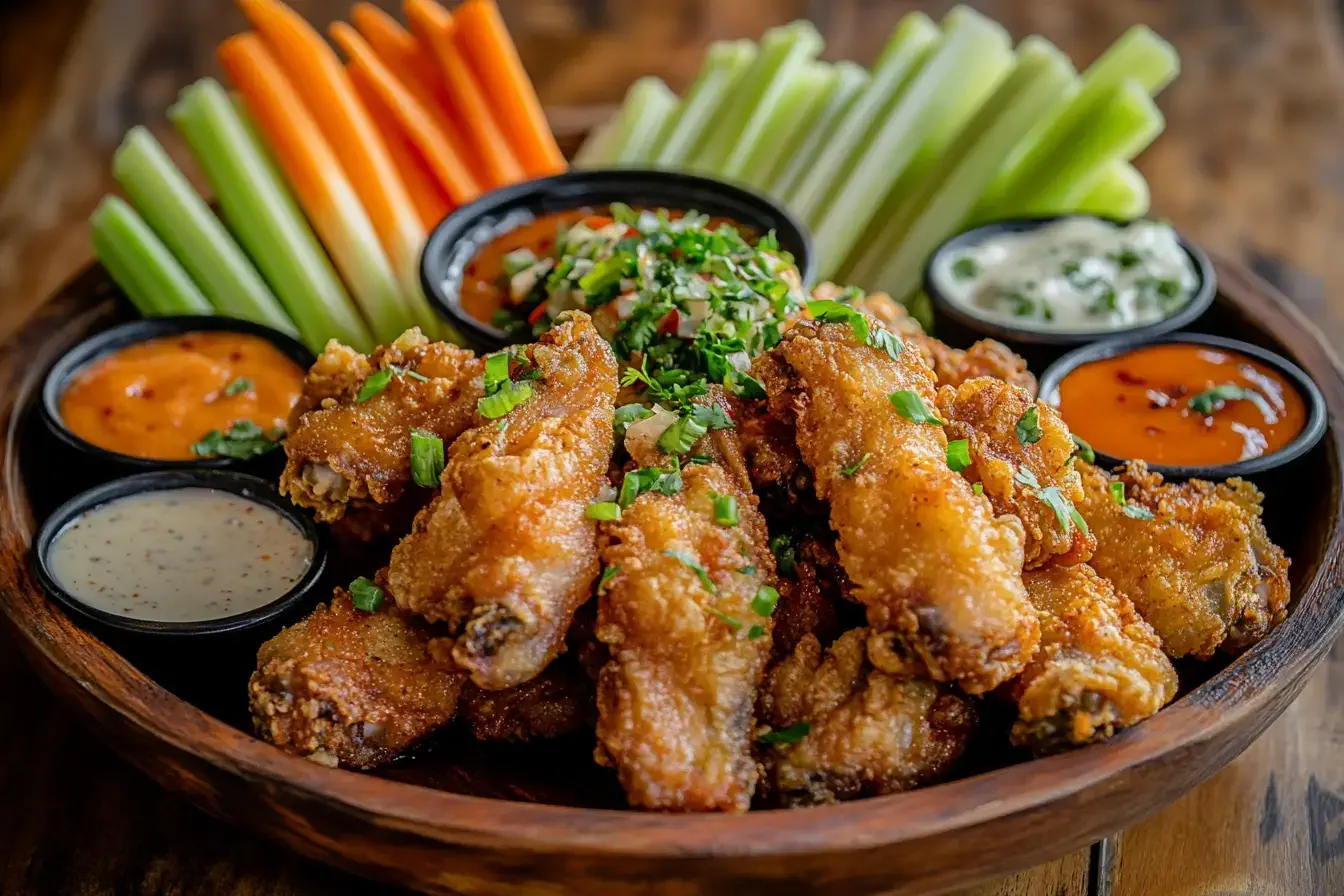 Crispy chicken wings with dipping sauces on a wooden table.