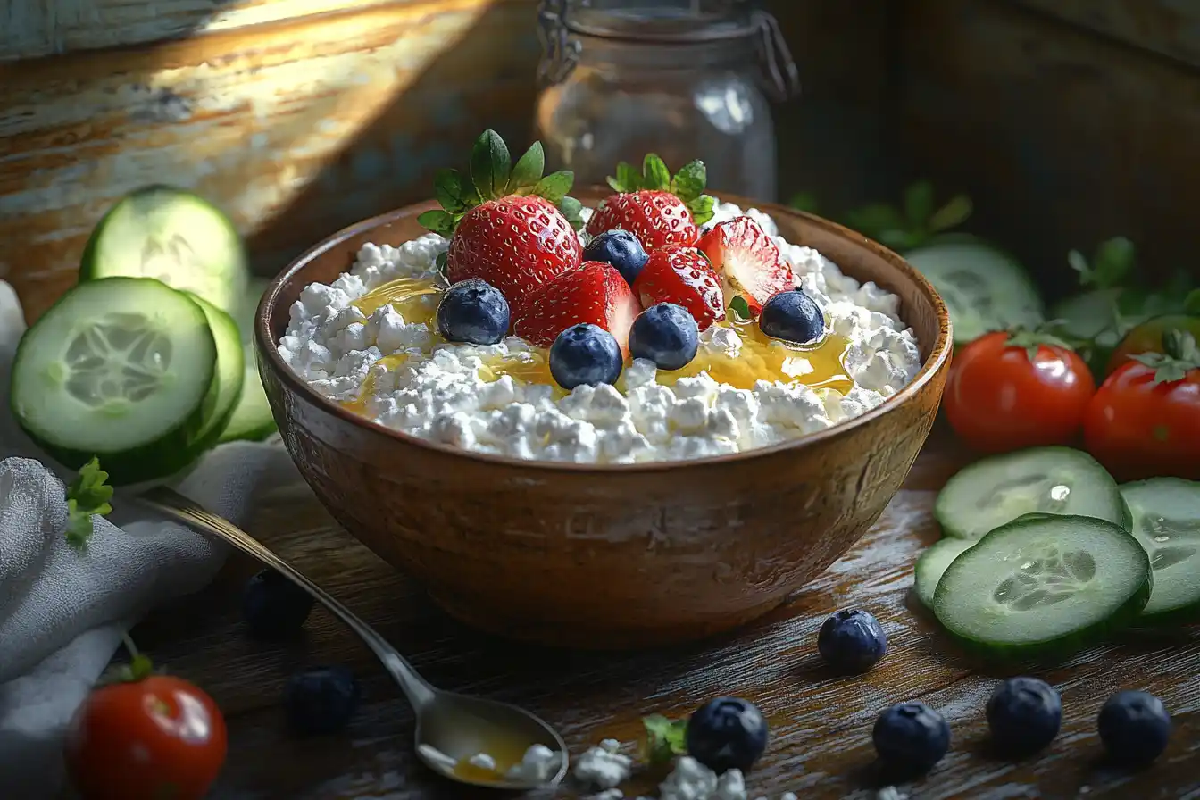 A bowl of cottage cheese topped with fresh fruits and honey, surrounded by colorful vegetables and a spoon.