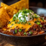 A steaming bowl of Meat Church chili recipe topped with cheese, sour cream, and green onions.