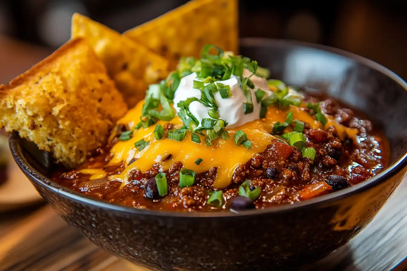 A steaming bowl of Meat Church chili recipe topped with cheese, sour cream, and green onions.