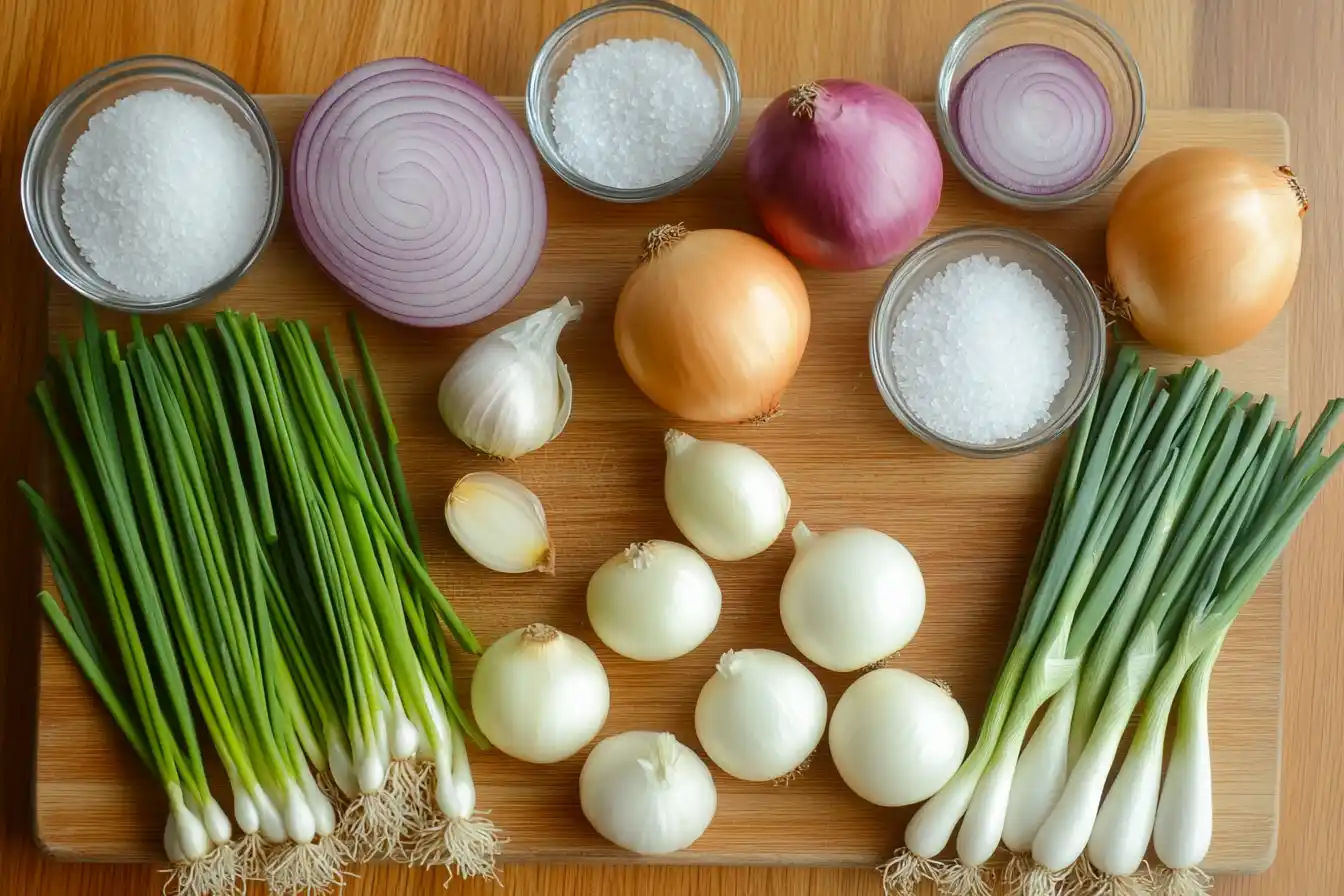 Flat-lay of shallot substitutes including onions, garlic, scallions, leeks, and chives on a rustic wooden cutting board in a cozy kitchen setting.